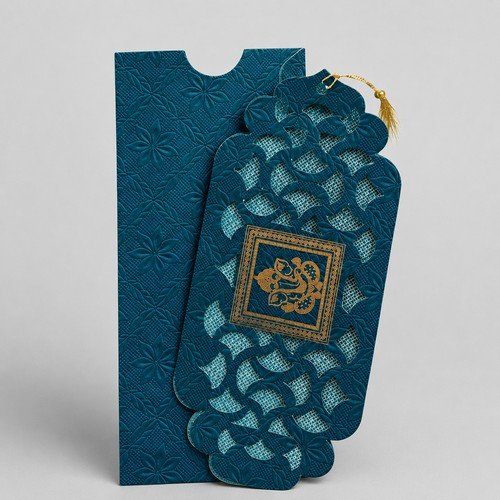Teal & Gold Embossed Ganesha Bookmark-Style Invitation