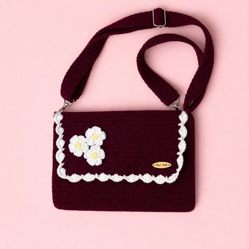 Burgundy Daisy Crochet Crossbody Bag